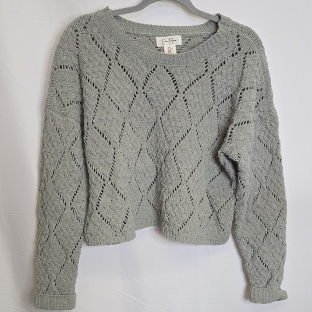 Jessica Simpson Cropped Cable Knit Sweater, Cozy Casual, Grayish Green, XL